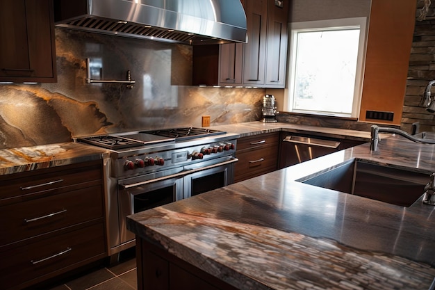 Stainless steel countertops with natural stone backsplash created with generative ai