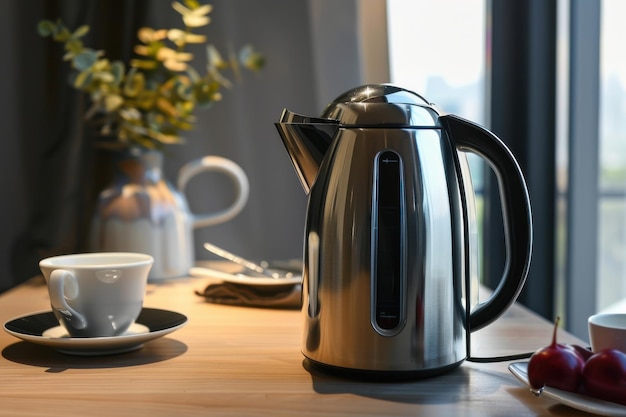 Stainless Steel Electric Kettle on Wooden Tabletop