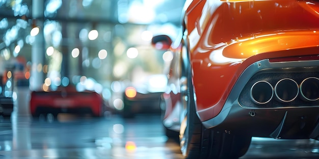 Stainless Steel Exhaust Tip Closeup on Sports Car with Bokeh Background Concept Car Photography Closeup Shots Stainless Steel Exhaust Bokeh Background Sports Car