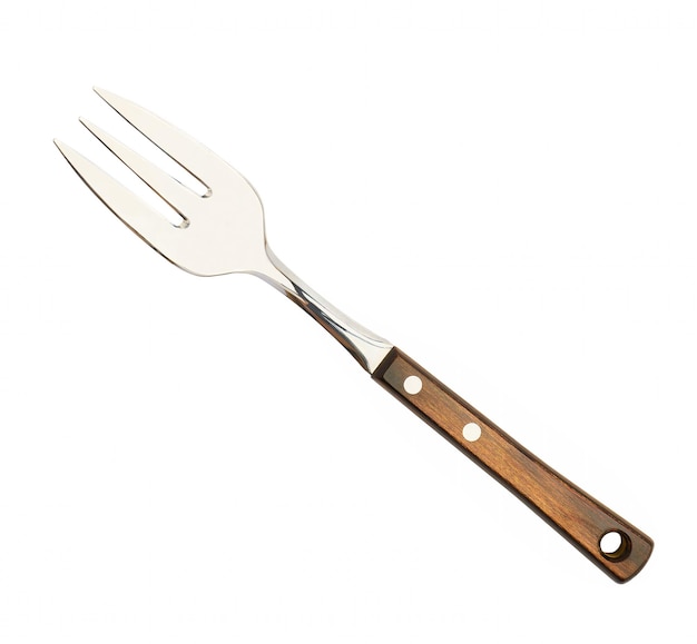 Stainless steel fork with wooden handle closeup isolated on white background