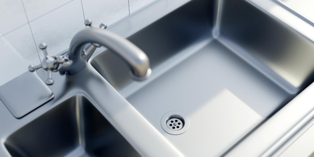 Stainless steel kitchen sink water tap white tile wall background Close up above view 3d render