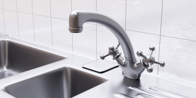 Stainless steel kitchen sink water tap white tile wall background Close up above view 3d render