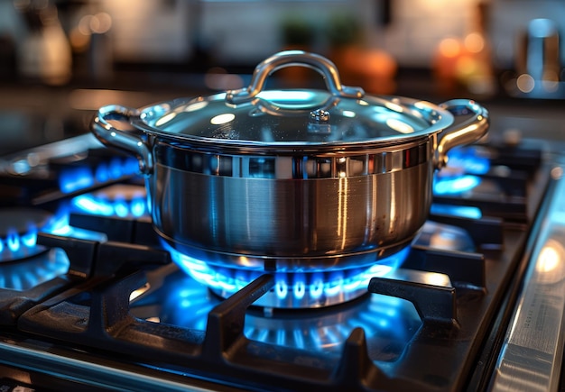 Stainless steel pot on gas stove