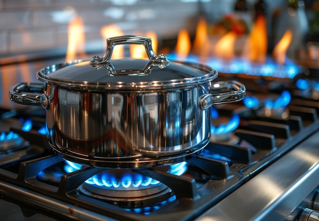 Stainless steel pot on gas stove