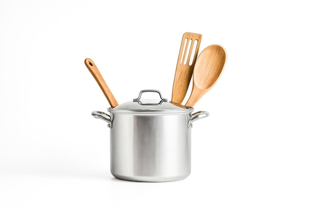 Stainless Steel Pot with Wooden Spoons