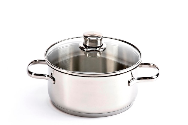 Stainless steel saucepan and tempered glass lid stainless steel pot white background food