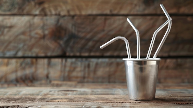 Photo stainless steel straws in metal cup on wooden background