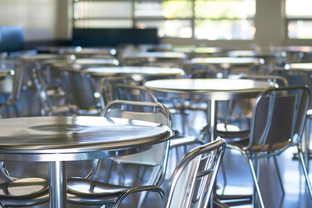 Photo stainless steel tables and chairs in high school student canteen public cafeteria room interior