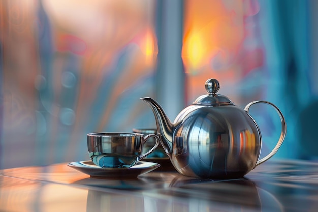 Stainless Steel Teapot with Cups on a Table