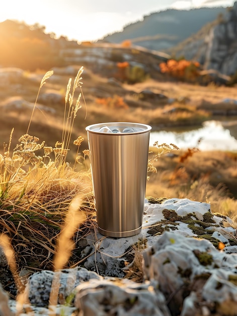 Stainless Steel Tumbler in Nature Setting Generative Ai