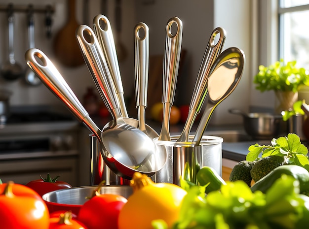 Photo stainless steel utensils with breakfast spread and fresh juice