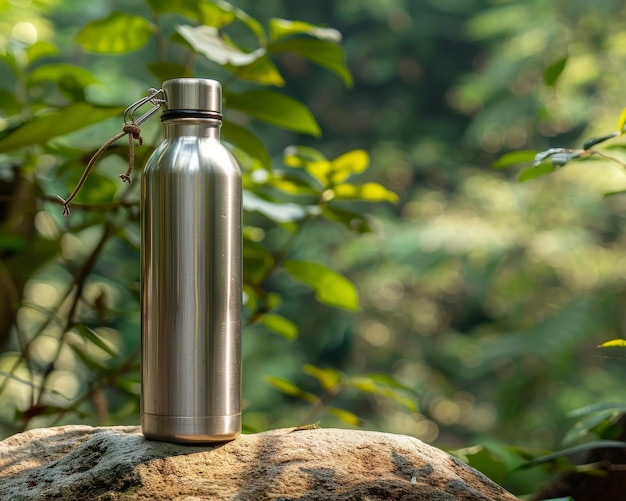 Stainless steel water bottle mockup in jungle nature setting on rock with forest background