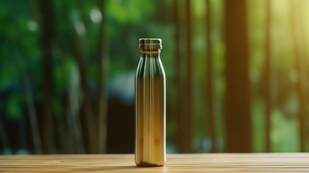 Photo stainless steel water bottle on wooden table