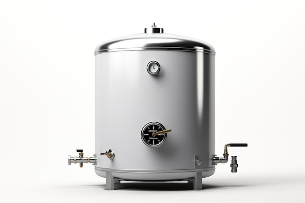 Photo a stainless steel water heater tank with gauges and valves isolated on a transparent background png