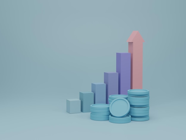 Stair step to growth success and bar graph with coins stack Growth finance graph and invest business concept 3d render illustration