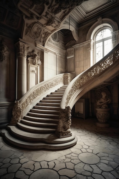 A staircase in an abandoned building with a window that says'palace'on it