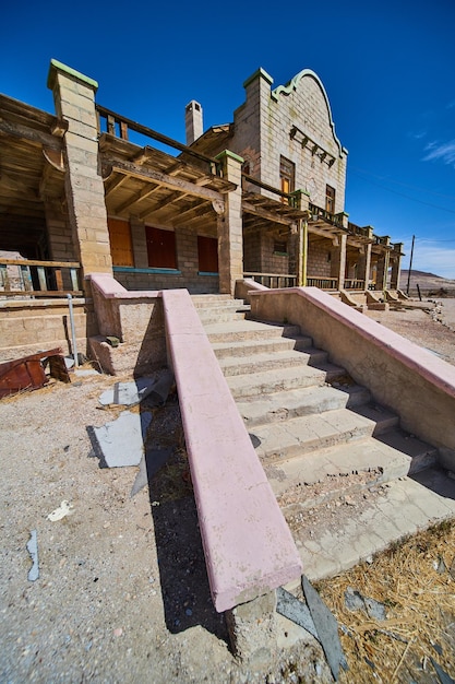 Staircase to abandoned train station in desert ghost town