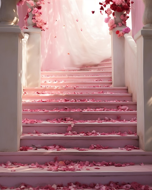 Staircase Adorned With Red Rose Petals