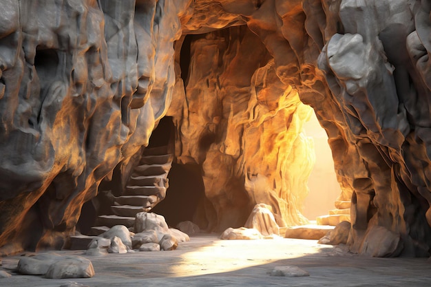 Staircase in the cave with sunlight at morning Thailand