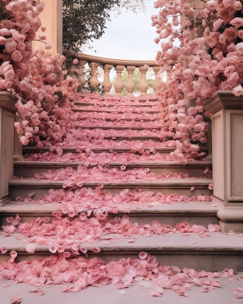 Staircase Decorated with Pink Rose Petals