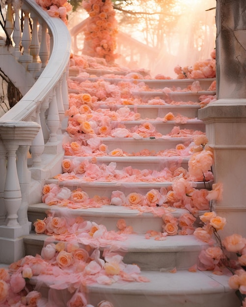 Staircase Decorated with Pink Rose Petals