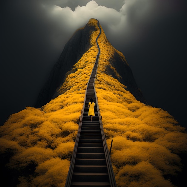 a staircase leading up to a mountain with a man in a yellow shirt.