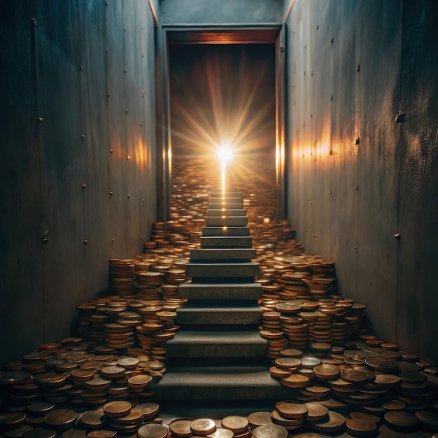 Photo a staircase made of coins leading to a bright light in a dimly lit corridor generative ai