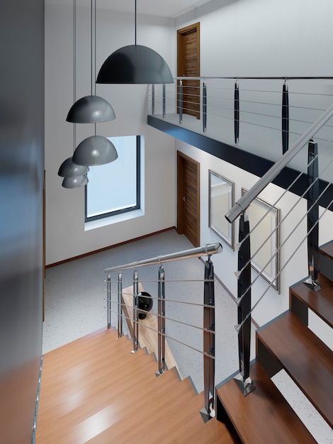 Staircase to the second floor in a modern apartment with metal railings and wooden steps with large pendant lamps, black and white design. 3d rendering.