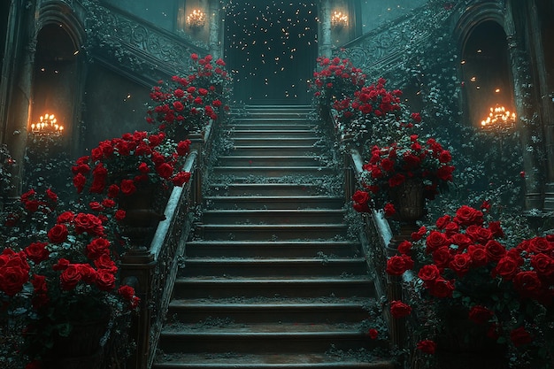 a staircase that has flowers on it