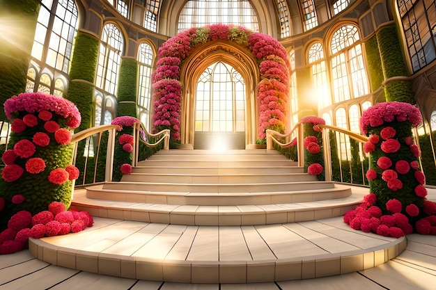 A staircase with flowers and a staircase with a balcony in the background