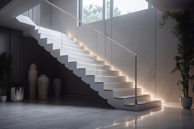 A staircase with a glass railing and a light on the wall