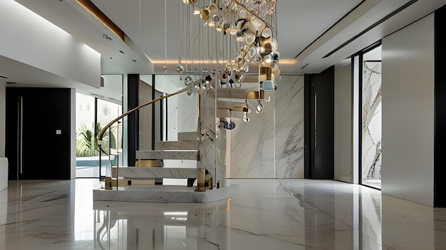 a staircase with a large white and gold chandelier hanging from the ceiling