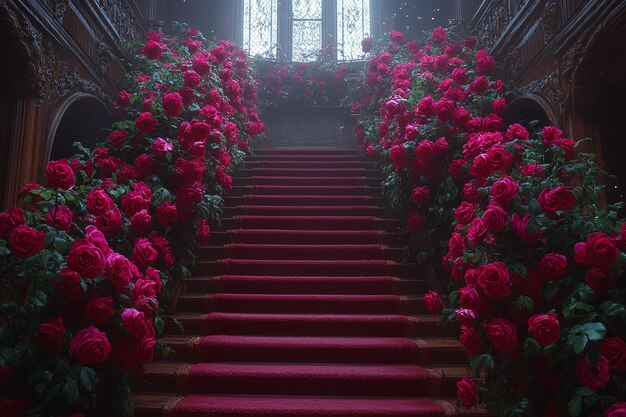 Photo a staircase with a red carpet and a red carpet with flowers on it