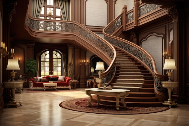 A staircase with a red couch and a coffee table