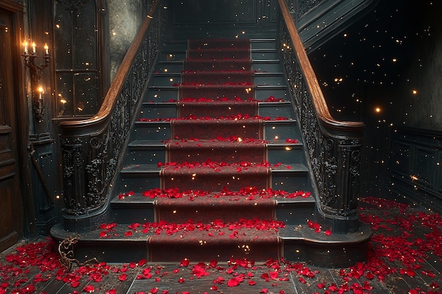 Photo a staircase with red roses on the bottom