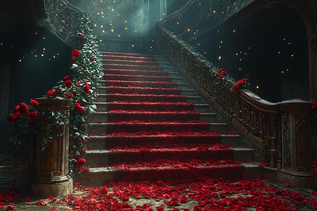 Photo a staircase with red roses on it and a staircase that says  the bottom of it