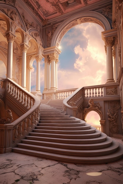 A staircase with a sky background and a painting of a staircase with a cloudy sky in the background.