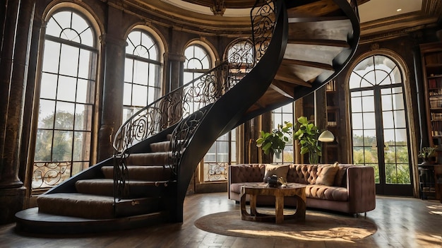 Photo a staircase with a spiral staircase and a large window