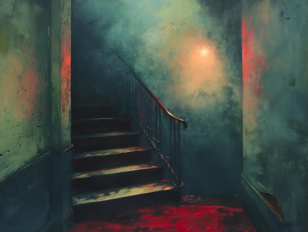 a staircase with a staircase leading to a room with a red light on the wall