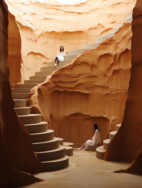 Photo a staircase with stairs leading up to a cave with a woman standing on the stairs