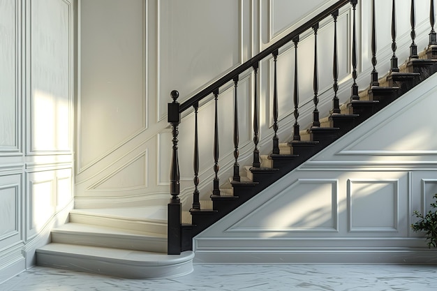 Photo a staircase with a white railing and a black handrail