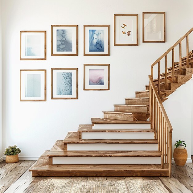 Photo a staircase with a wooden staircase and a wooden staircase with pictures on the wall