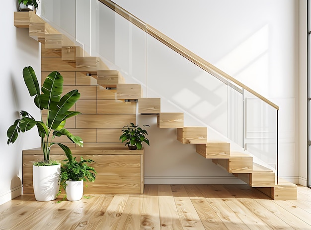 Staircase with wooden steps and glass railings in a modern home interior with white walls a polished