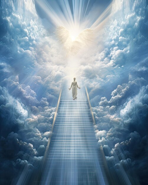 Stairs atop a cloud in the style of god rays