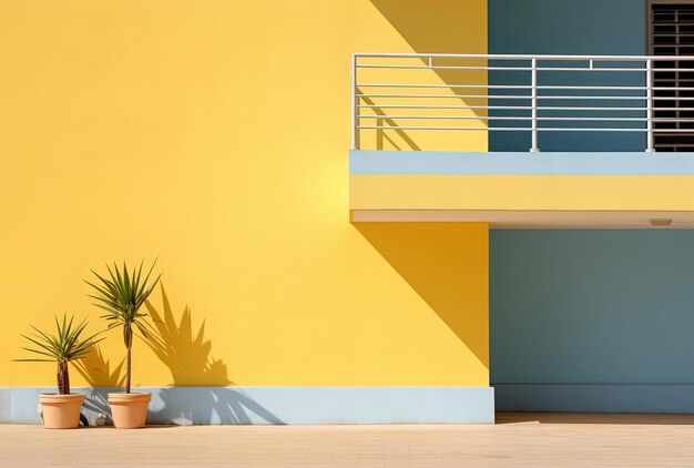 Photo the stairs go to a flat with a balcony next to the water in the style of light yellow and beige