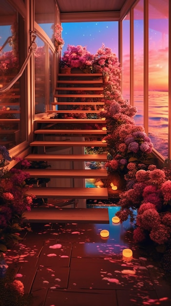 Stairs leading to a balcony with a view of the ocean and a sunset.