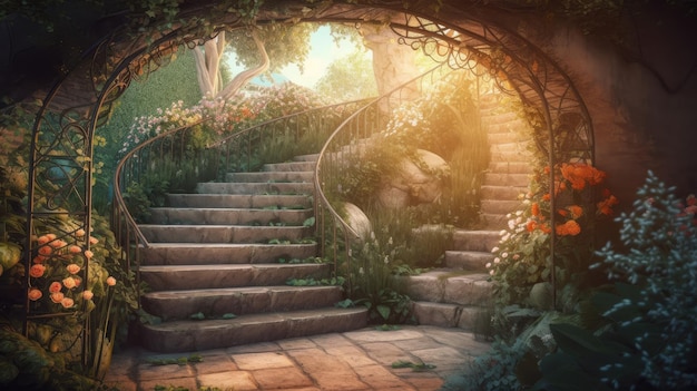 Stairs leading to a garden with a sun shining on them