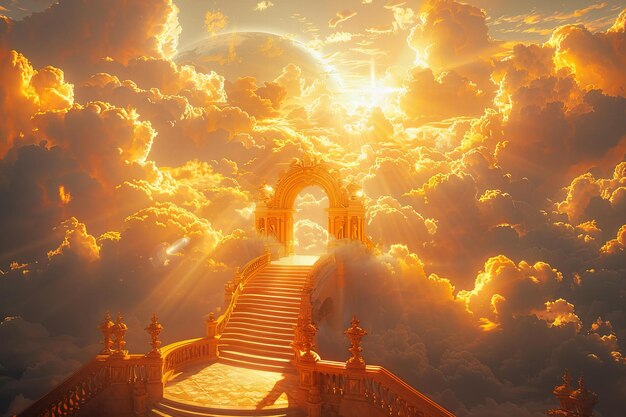 Stairs leading to the sky golden clouds in the background bright and warm light there is an open