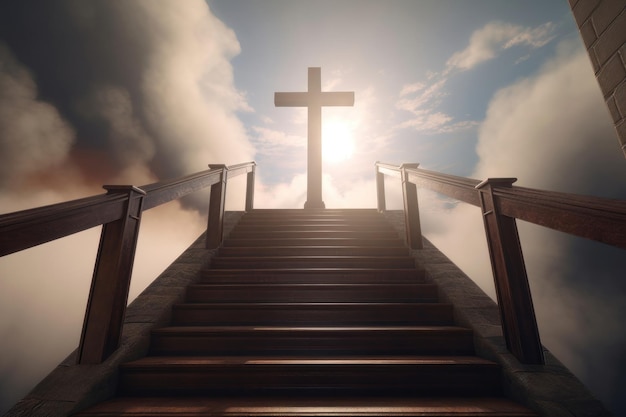 Stairs leading to the sky with the cross in the clouds