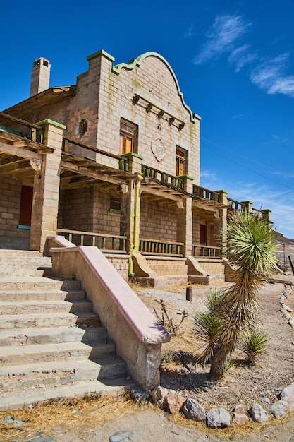 Stairs leading up to abandoned ghost town train station in Rhyolite